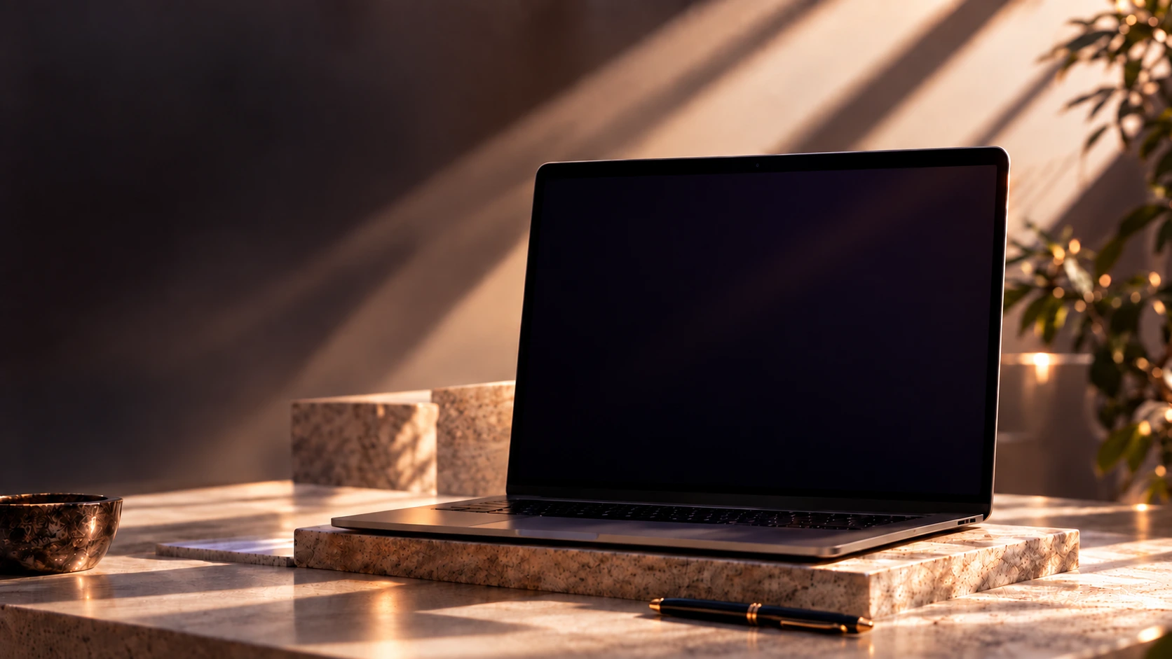 Personal Finance OS ouvert sur un bureau en marbre